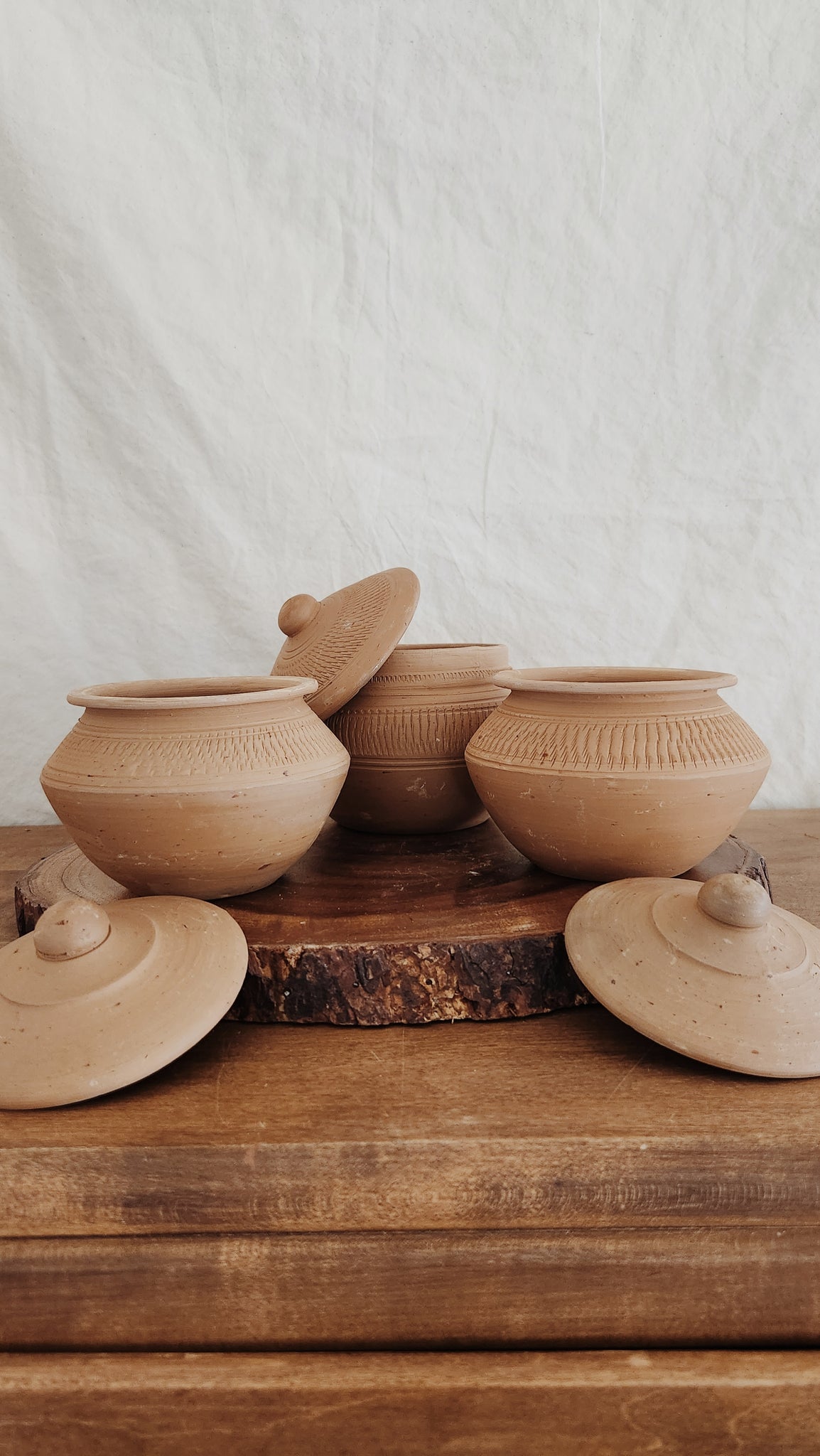 Pair of 3 Terracotta Vessels with Lids, Functional Home Use, Old World Home Decor