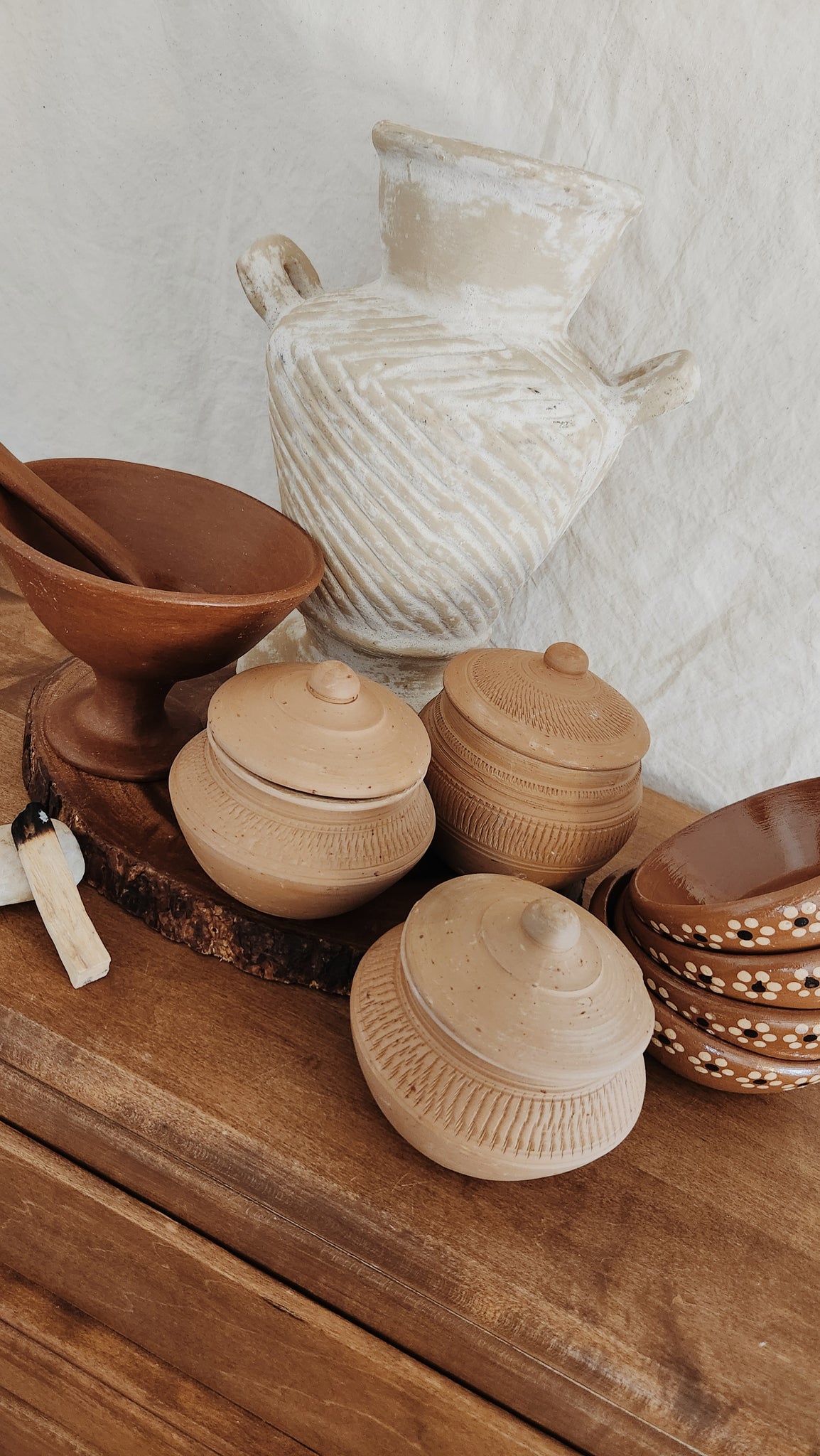 Pair of 3 Terracotta Vessels with Lids, Functional Home Use, Old World Home Decor