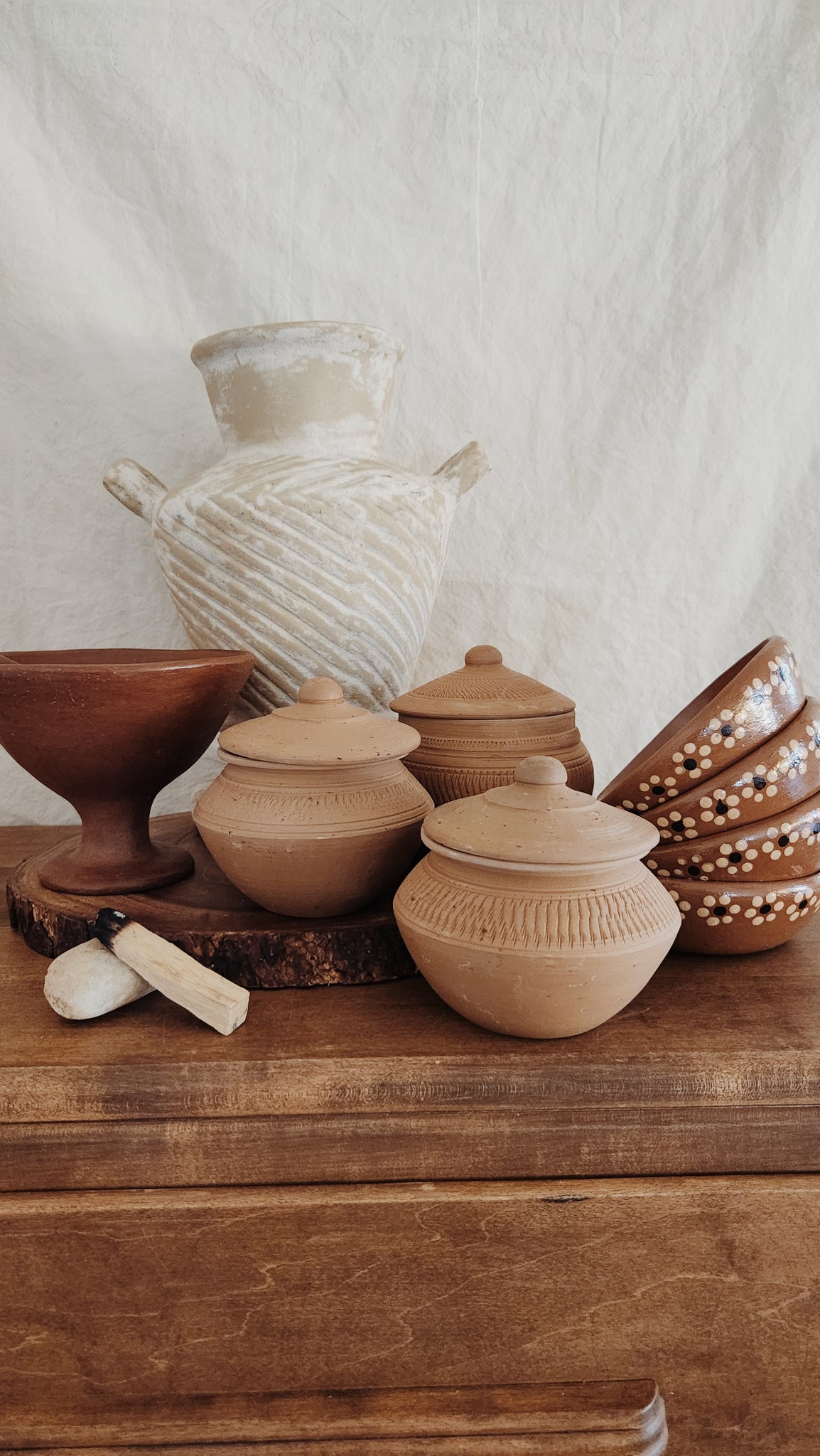 Pair of 3 Terracotta Vessels with Lids, Functional Home Use, Old World Home Decor